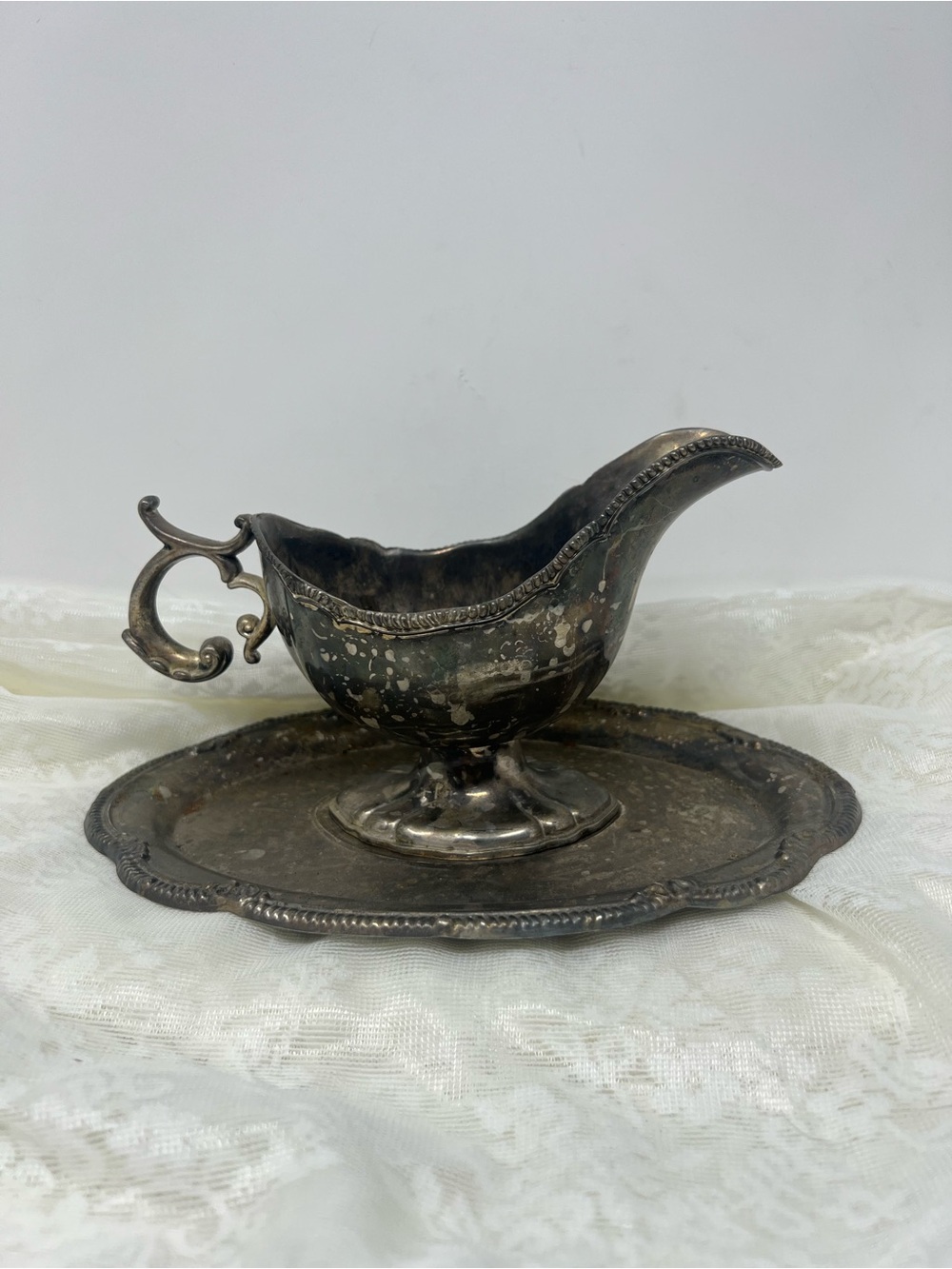 Vintage Silver Plated Gravy Boat with Matching Tray in Patina